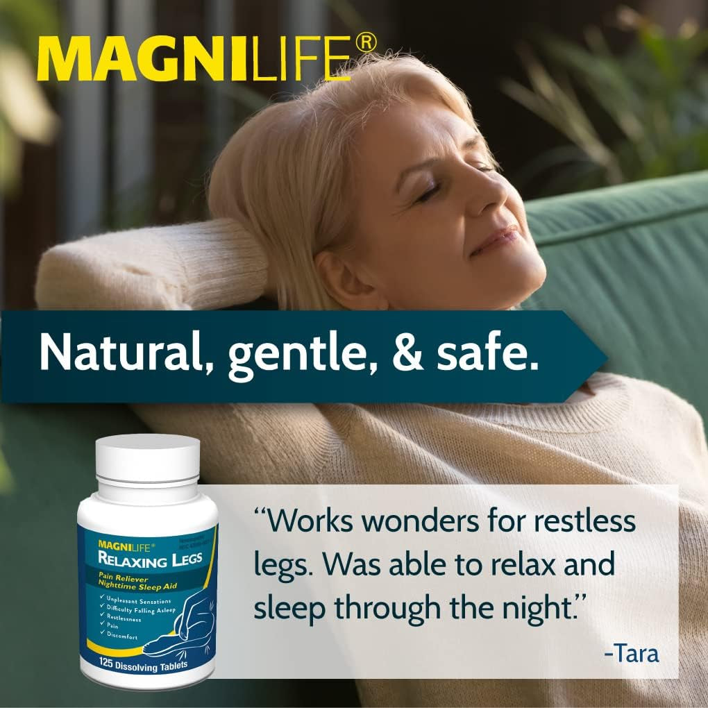 Magnilife Relaxing Legs, Natural Sleep Aid and Pain Reliever, Calms Jerks, Restlessness, and Discomfort - 125 Quick Dissolve Tablets