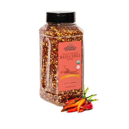 Hqoexpress Organic Red Chili Pepper Crushed – Non GMO, Kosher, USDA Certified Organic Chili Flakes – Hot and Spicy Seasoning for Soups, Chilis, Marinades and Stir Fries, 10 Oz. Chef Jar