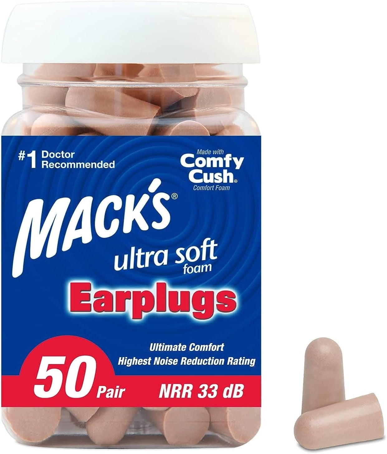 Mack'S Ultra Soft Foam Earplugs, 50 Pair - 33Db Highest NRR, Comfortable Ear Plugs for Sleeping, Snoring, Travel, Concerts, Studying, Loud Noise, Work | Made in USA