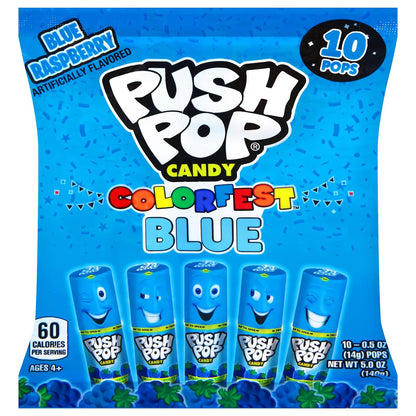 Push Pop Blue Colorfest - Blue Raspberry Lollipops Bulk Halloween Candy - 10 Count Individually Wrapped Fruity Lollipops - Candy for Halloween Party, Trick or Treaters, and Goodie Bags