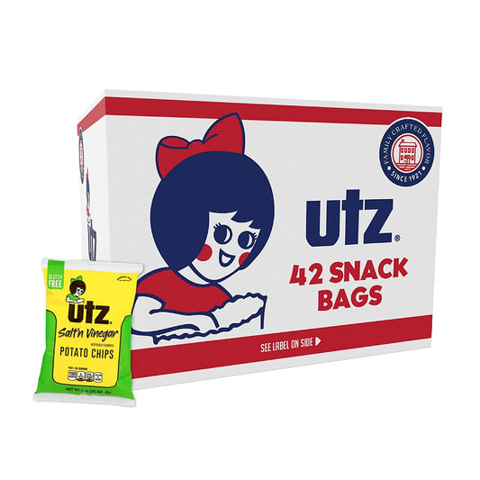 Utz Salt & Vinegar 1 Oz. Bags, 42 Count Crispy Fresh Potato Chips, Crunchy Individual Snacks to Go, Cholesterol, Trans-Fat & Gluten Free