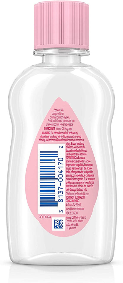 Johnson & Johnson Baby Oil, Pure Mineral Oil to Prevent Moisture Loss, Hypoallergenic, Original 3 Fl. Oz