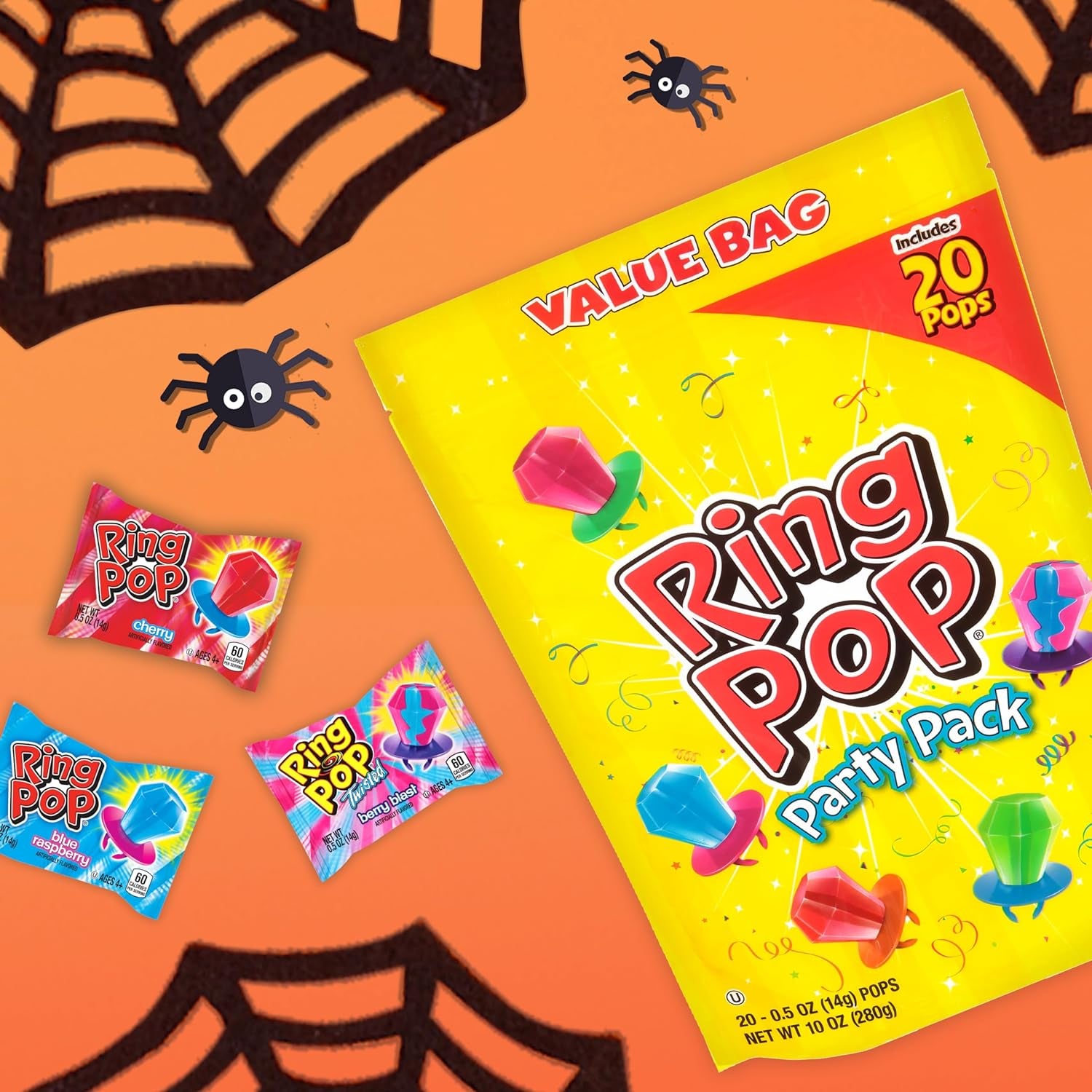 Ring Pop Individually Wrapped Bulk Lollipop Variety Halloween Party Pack – 20 Count Lollipop Suckers W/ Assorted Flavors - Fun Candy for Halloween Parties and Trick or Treating Bags