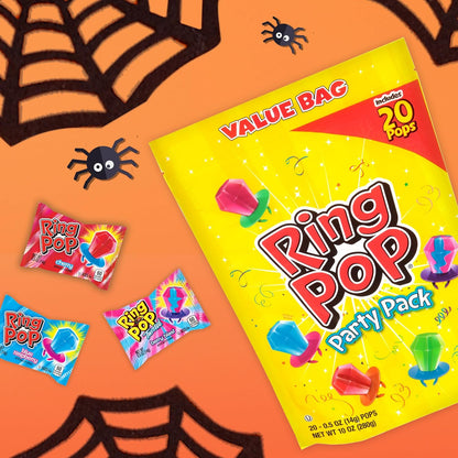 Ring Pop Individually Wrapped Bulk Lollipop Variety Halloween Party Pack – 20 Count Lollipop Suckers W/ Assorted Flavors - Fun Candy for Halloween Parties and Trick or Treating Bags