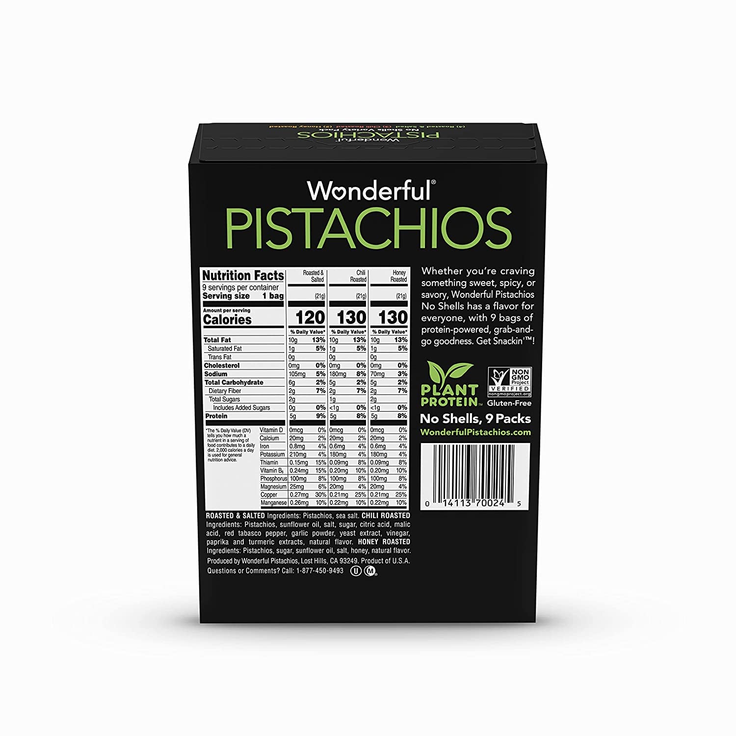 Wonderful Pistachios, No Shells, Variety Pack, 0.75Oz (Pack of 9) Roasted & Salted (4), Chili Roasted (3), Honey Roasted (2)