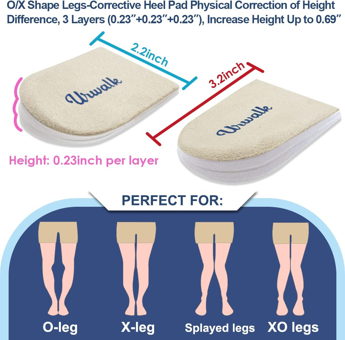 Urwalk 3 Layers Adjustable Supination & Over-Pronation Corrective Shoe Inserts, Medial & Lateral Heel Wedge Insoles for Foot Alignment, Knee Pain, Bow Legs, Osteoarthritis (Beige - Small)