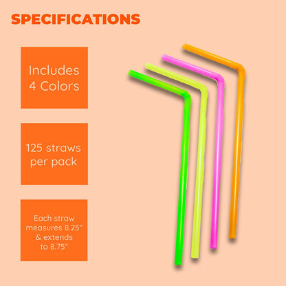 Jacent Flexible Disposable Drinking Straws, Bendable Plastic Neon Straws: 125 Count per Pack, Fun Bendy Kids Straws