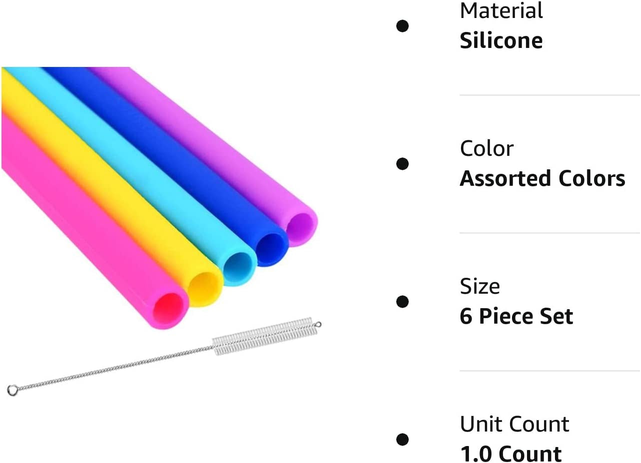 Reusable Silicone Drinking Straws - Set of 5 - BPA Free - Free Cleaning Brush Included - Work with 20 or 30Oz Tumblers, Bubba & Yeti Mugs - Perfect for Smoothies