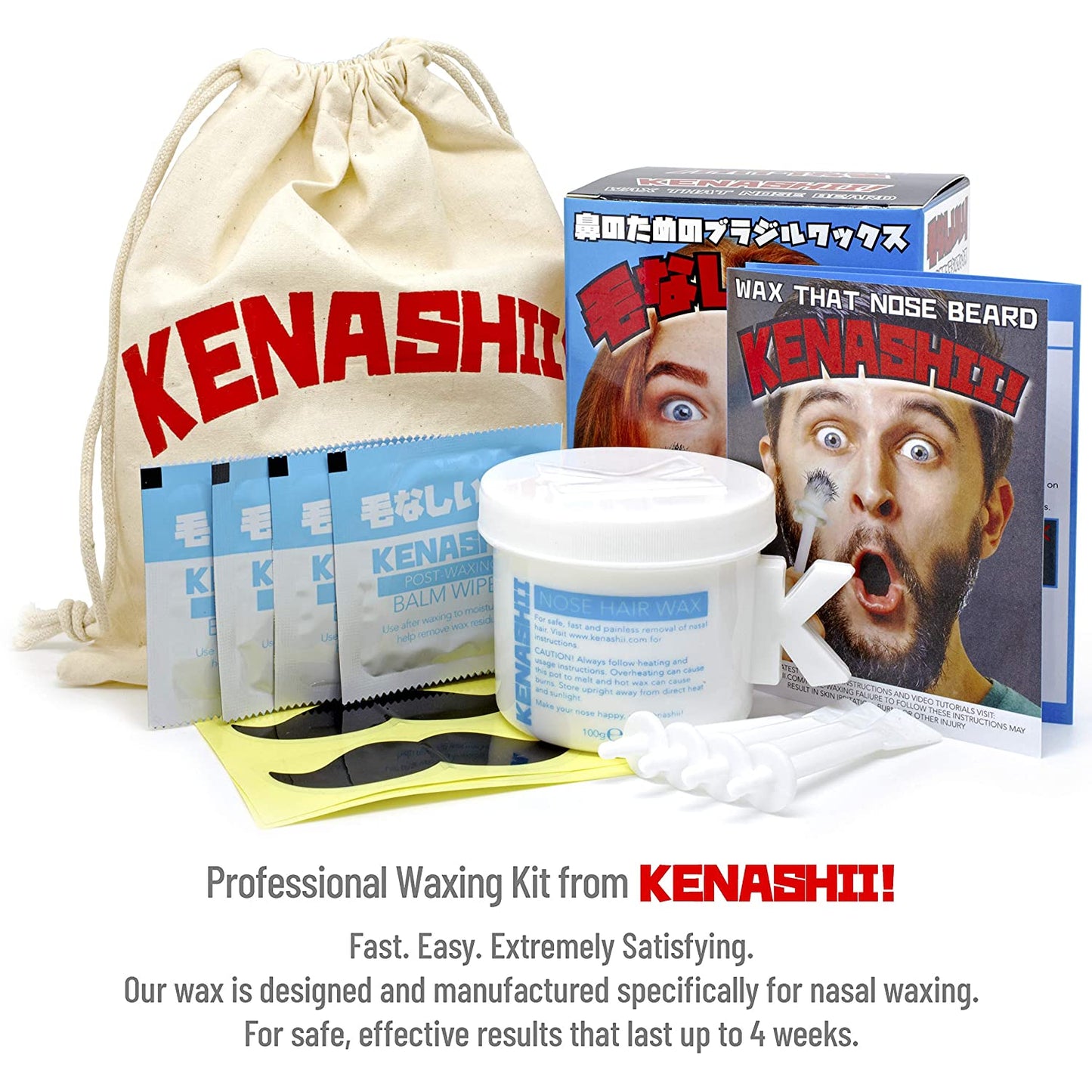 Nose Wax Kit | 100 G Wax, 24 Applicators | the Original and Best Nose and Ear Hair Removal Kit from Kenashii | Nasal Waxing for Men and Women | 12 Applications | 12 Balm Wipes | 12 Mustache Guards