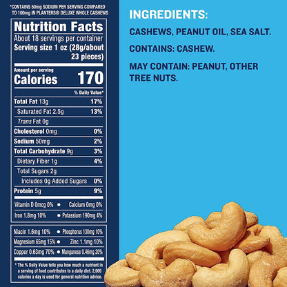 PLANTERS Deluxe Lightly Salted Whole Cashews, Party Snacks, Plant-Based Protein 18.25Oz (1 Canister)