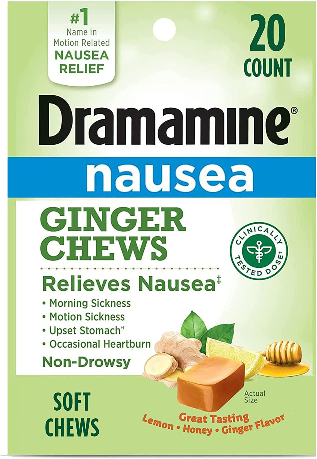 Dramamine Ginger Chews, Nausea Relief Soft Chews Lemon-Honey-Ginger, 20 Count