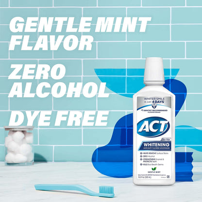 ACT Whitening + Anticavity Fluoride Mouthwash 16.9 Fl. Oz. with Zero Alcohol, Dye Free, Gentle Mint