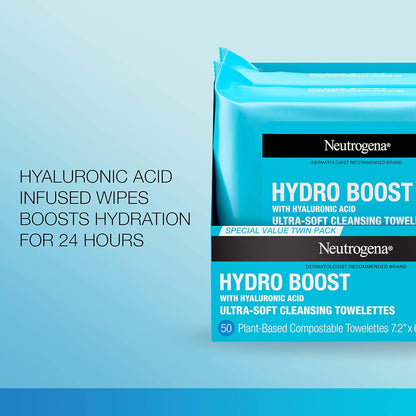 Neutrogena Hydro Boost Facial Cleansing Towelettes + Hyaluronic Acid, Hydrating Makeup Remover Face Wipes Remove Dirt & Waterproof Makeup, Hypoallergenic, 100% Plant-Based Cloth, 2 X 25 Ct