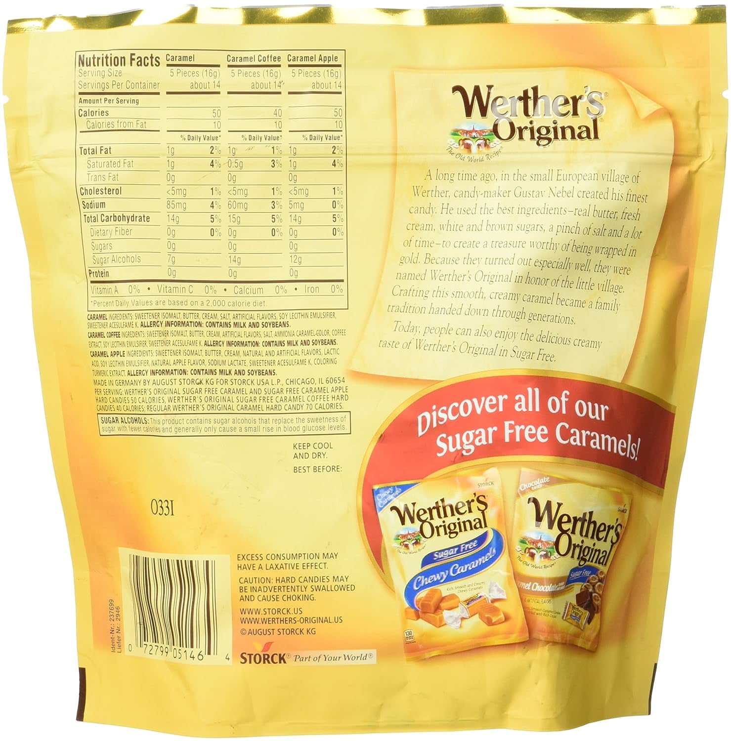 Werther'S Original Hard Sugar Free Assorted Flavors, Caramel, Caramel Coffee, Caramel Apple Candy 7.7 Oz Bag