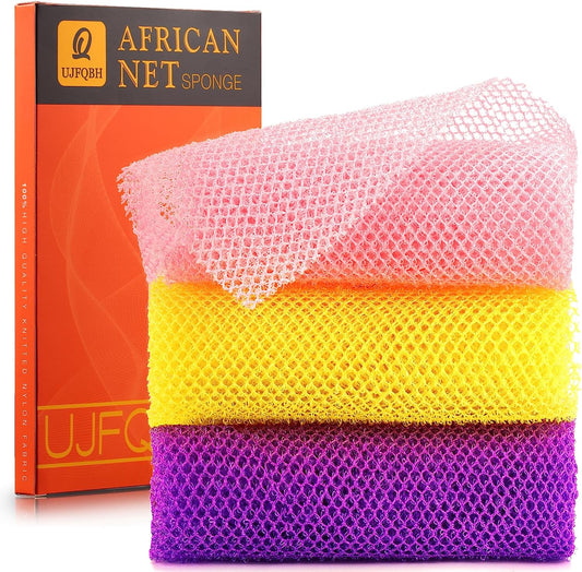 UJFQBH 3 Pieces African Bath Sponge African Net Long Net Bath Sponge Exfoliating Shower Body Scrubber Back Scrubber Skin Smoother,Great for Daily Use (Pink,Yellow,Purple)