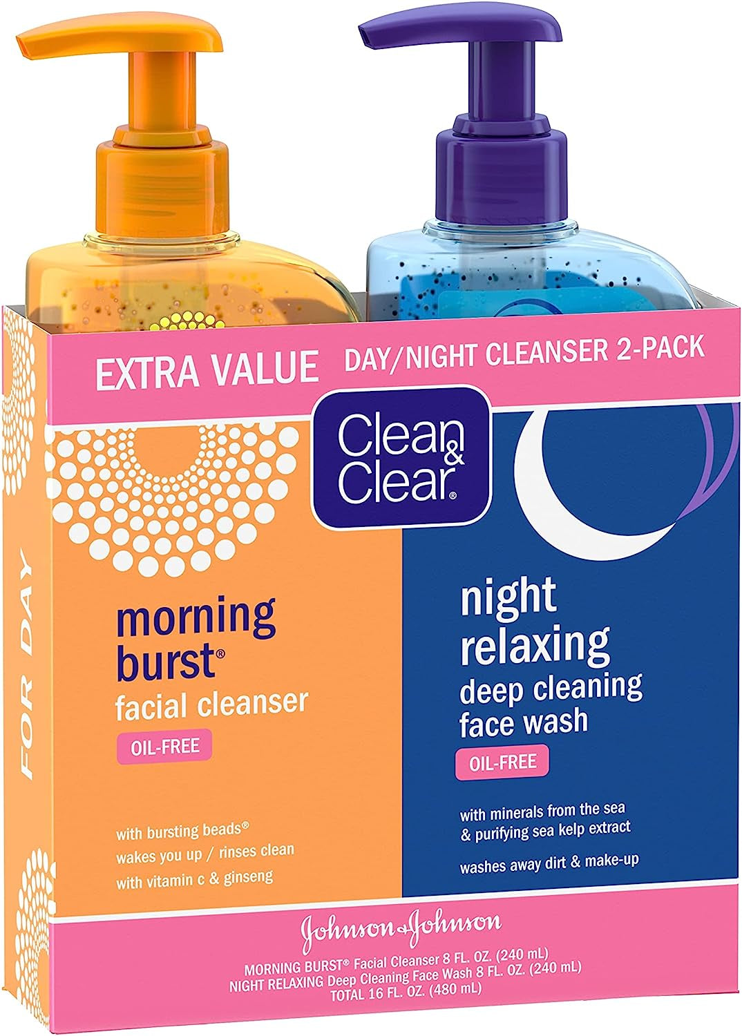 Clean & Clear 2-Pack of Day & Night Face Wash with Citrus Morning Burst Facial Cleanser with Vitamin C + Cucumber and Night Relaxing Face Wash, Oil-Free Facial Cleanser, Hypoallergenic Face Wash