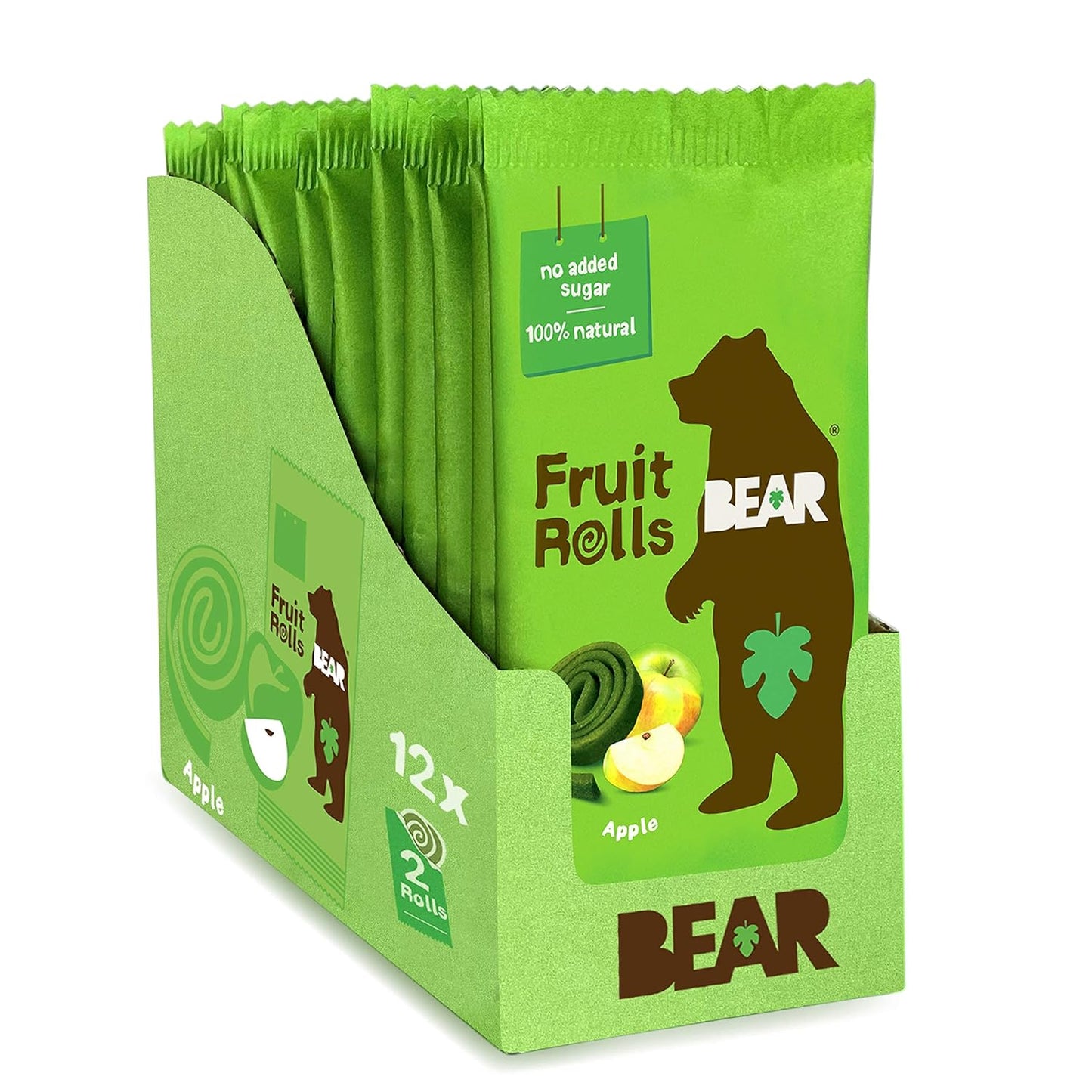 BEAR Real Fruit Snack Rolls, Apple (2 Rolls per Pack), No Added Sugar, All Natural, Non GMO, Gluten Free, Vegan, Healthy On-The-Go Snack for Kids & Adults, 0.7 Oz (Pack of 12)