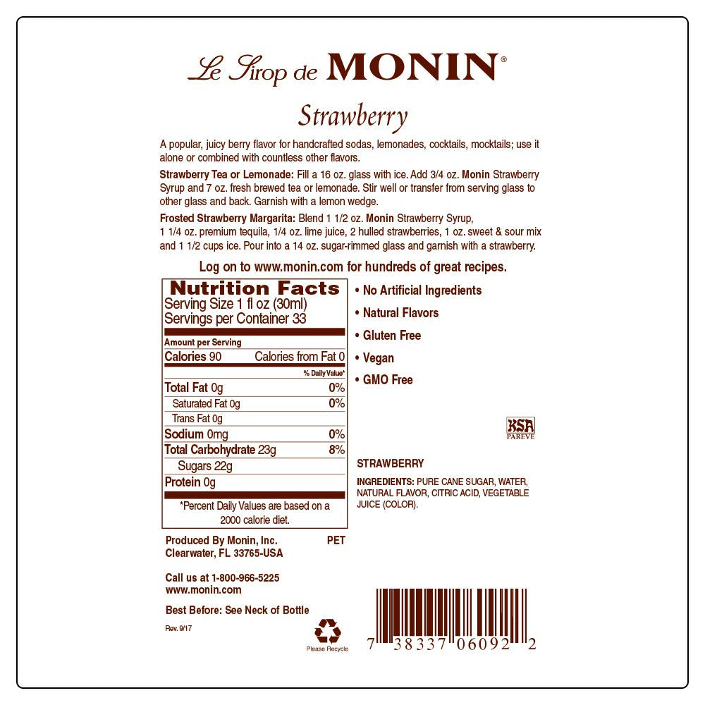 Monin - Strawberry Syrup, Mild and Sweet, Great for Cocktails and Teas, Gluten-Free, Non-Gmo (1 Liter)