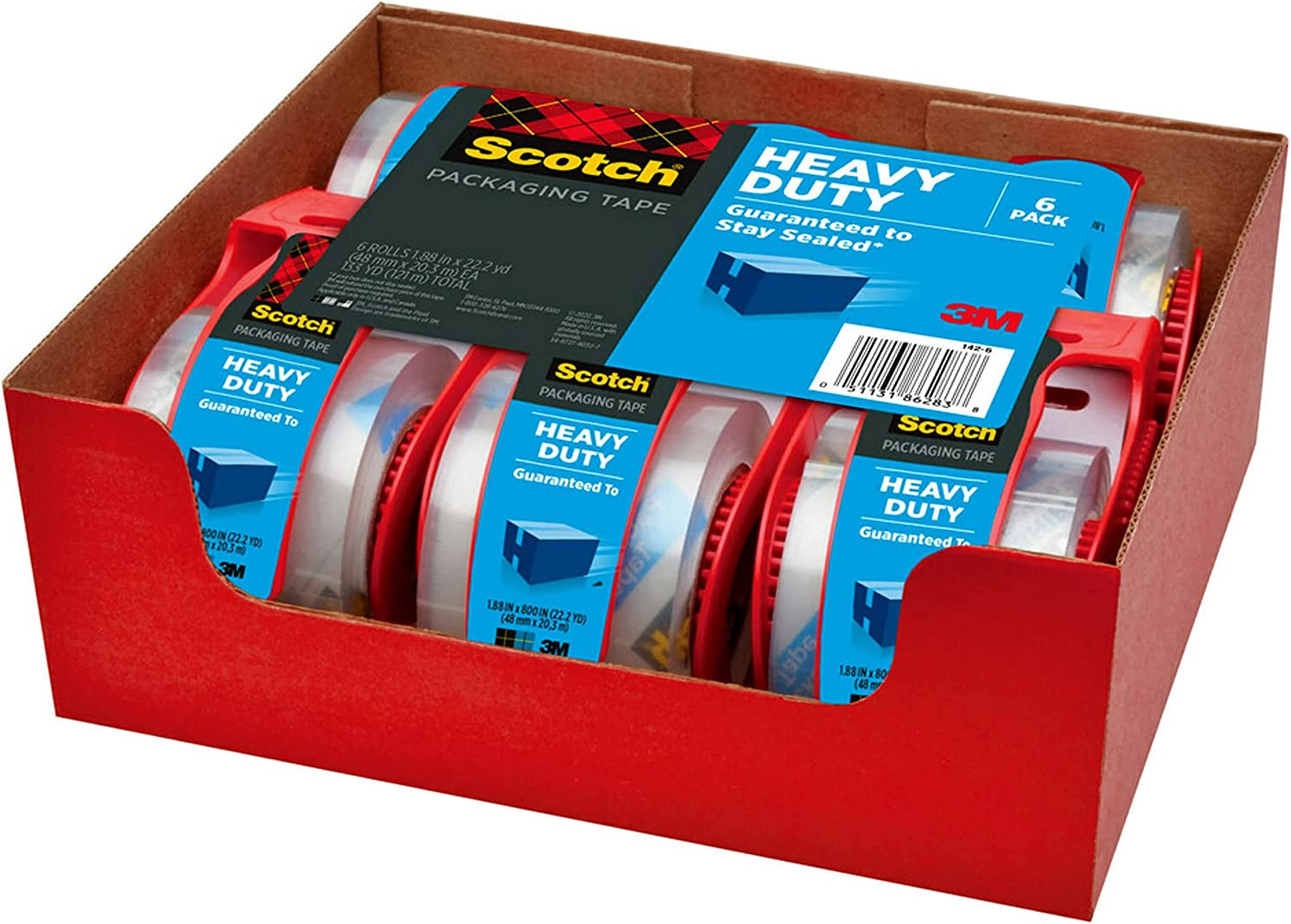 Scotch Heavy Duty Shipping Packing Tape, Clear, Holiday Shipping Supplies, 1.88 In. X 22.2 Yd., 6 Tape Rolls with Dispensers