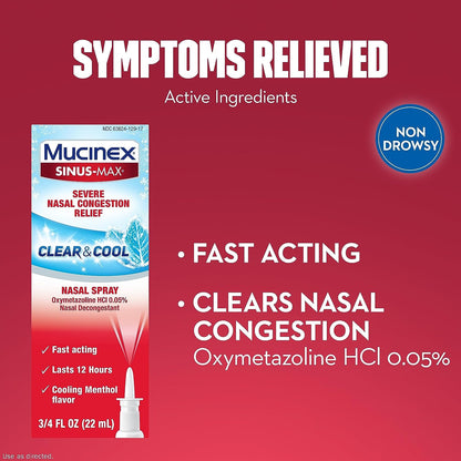 Mucinex Sinus-Max Severe Nasal Congestion Relief Clear & Cool Nasal Spray, 0.75 Fl. Oz., Lasts 12 Hours, Fast Acting, Cooling Menthol Flavor