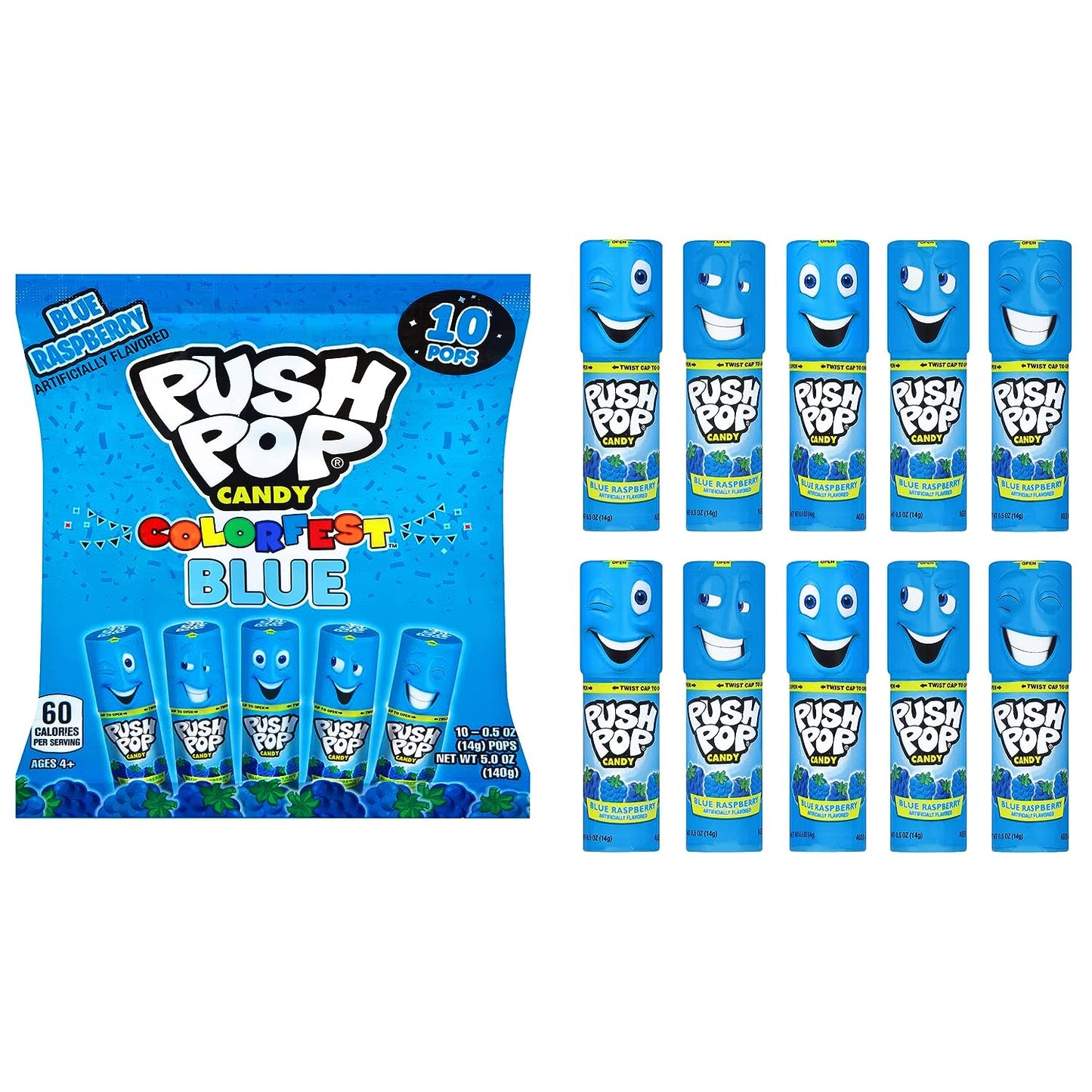 Push Pop Blue Colorfest - Blue Raspberry Lollipops Bulk Halloween Candy - 10 Count Individually Wrapped Fruity Lollipops - Candy for Halloween Party, Trick or Treaters, and Goodie Bags