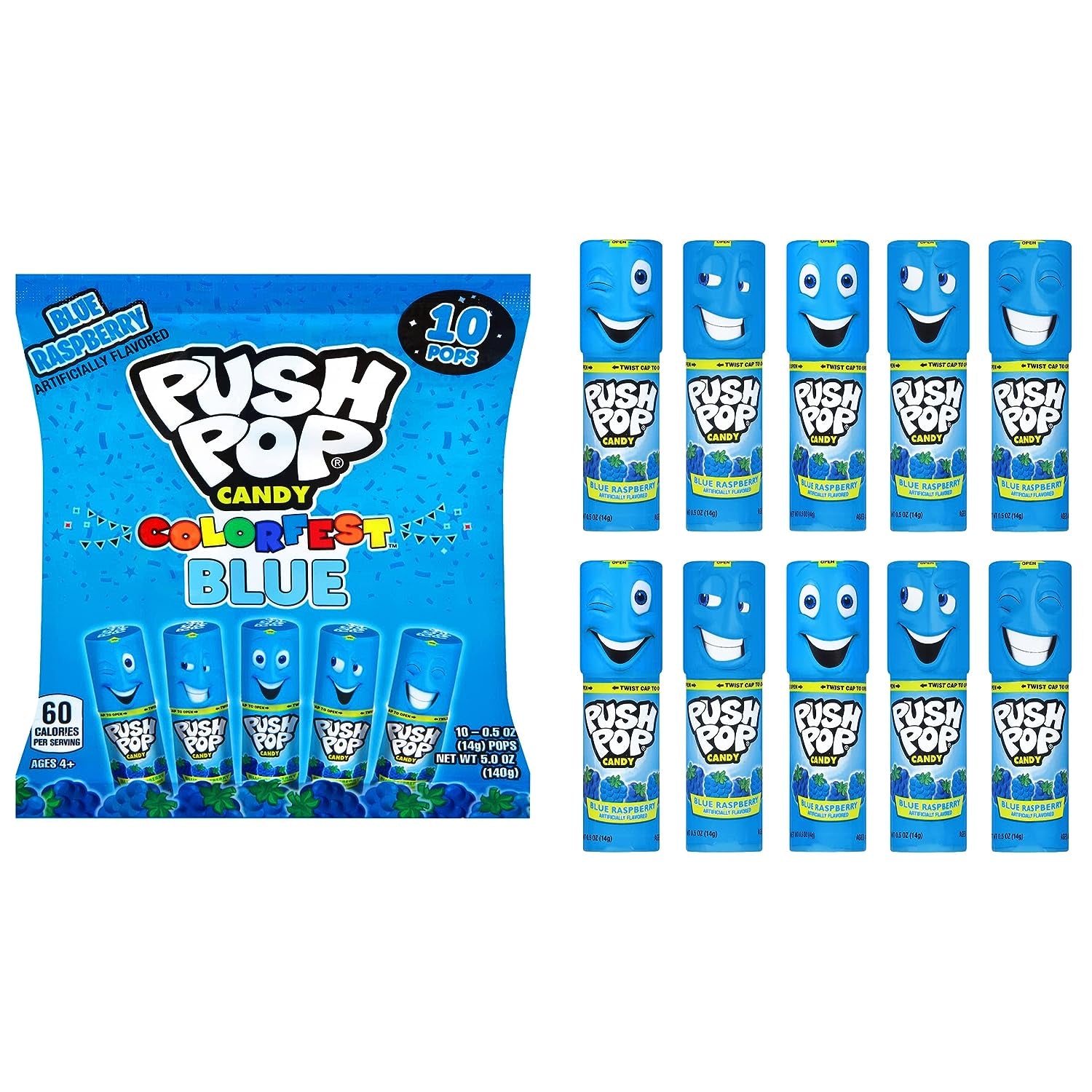 Push Pop Blue Colorfest - Blue Raspberry Lollipops Bulk Halloween Candy - 10 Count Individually Wrapped Fruity Lollipops - Candy for Halloween Party, Trick or Treaters, and Goodie Bags