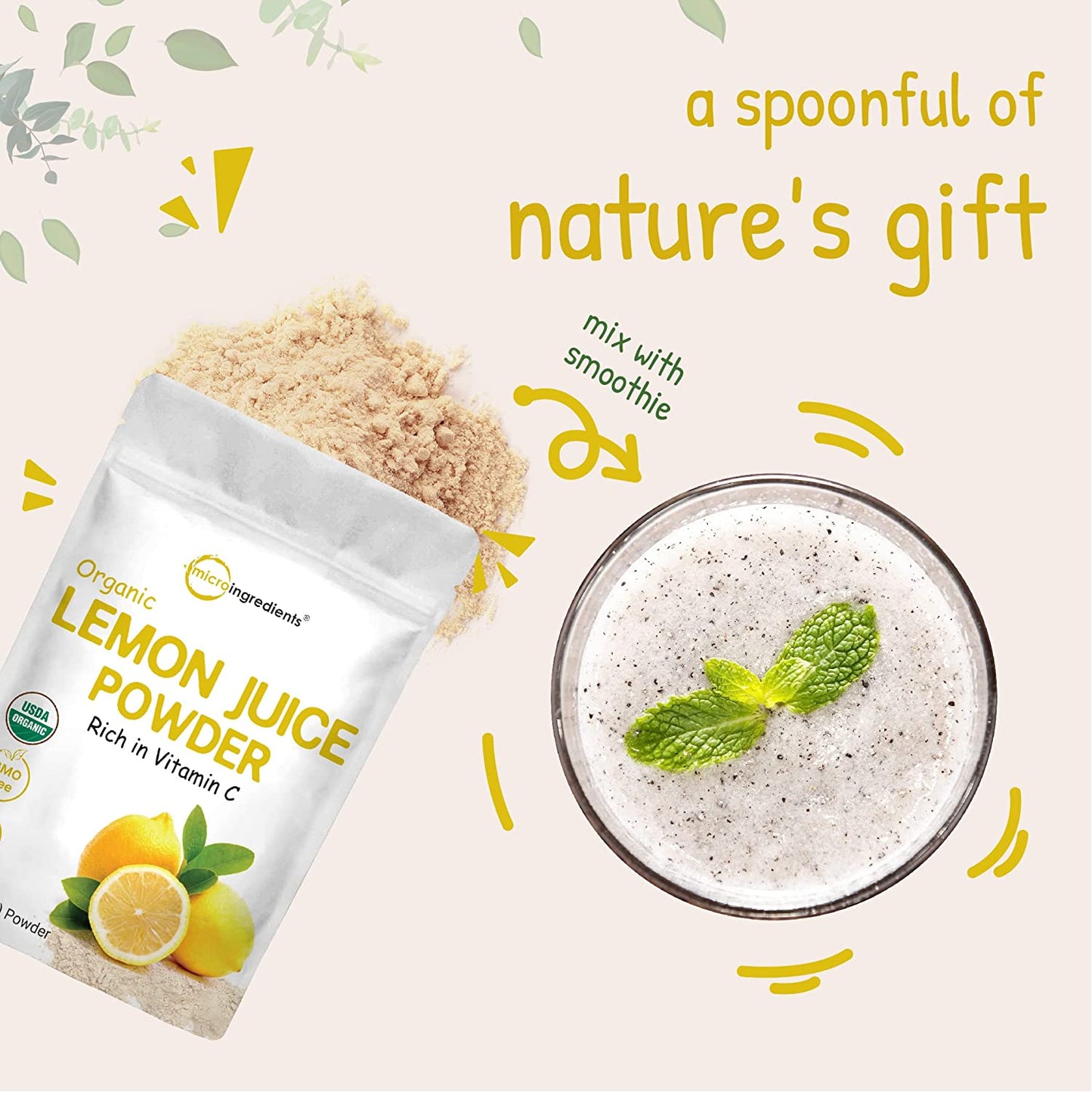 Micro Ingredients Organic Lemon Juice Powder, 10 Ounce, Cold Pressed Concentrated Powder, Filler Free, Rich in Natural Vitamin C for Immune System Booster, Great Flavor for Soda, Baking and Cooking, Vegan Friendly