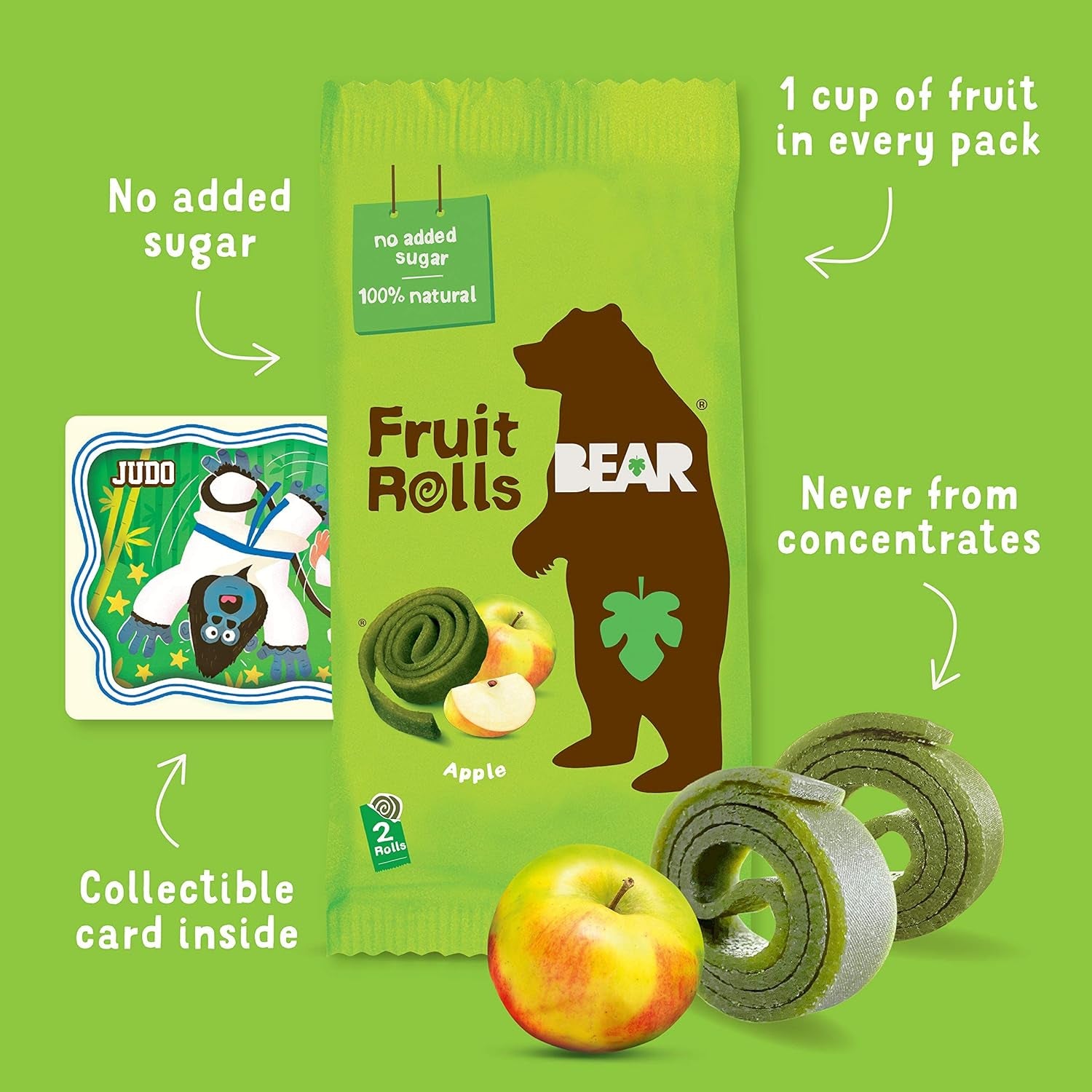 BEAR Real Fruit Snack Rolls, Apple (2 Rolls per Pack), No Added Sugar, All Natural, Non GMO, Gluten Free, Vegan, Healthy On-The-Go Snack for Kids & Adults, 0.7 Oz (Pack of 12)