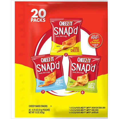 Cheez-It Snap'D Cheese Cracker Chips, Thin Crisps, Lunch Snacks, Variety Pack, 15Oz Bag (20 Packs)