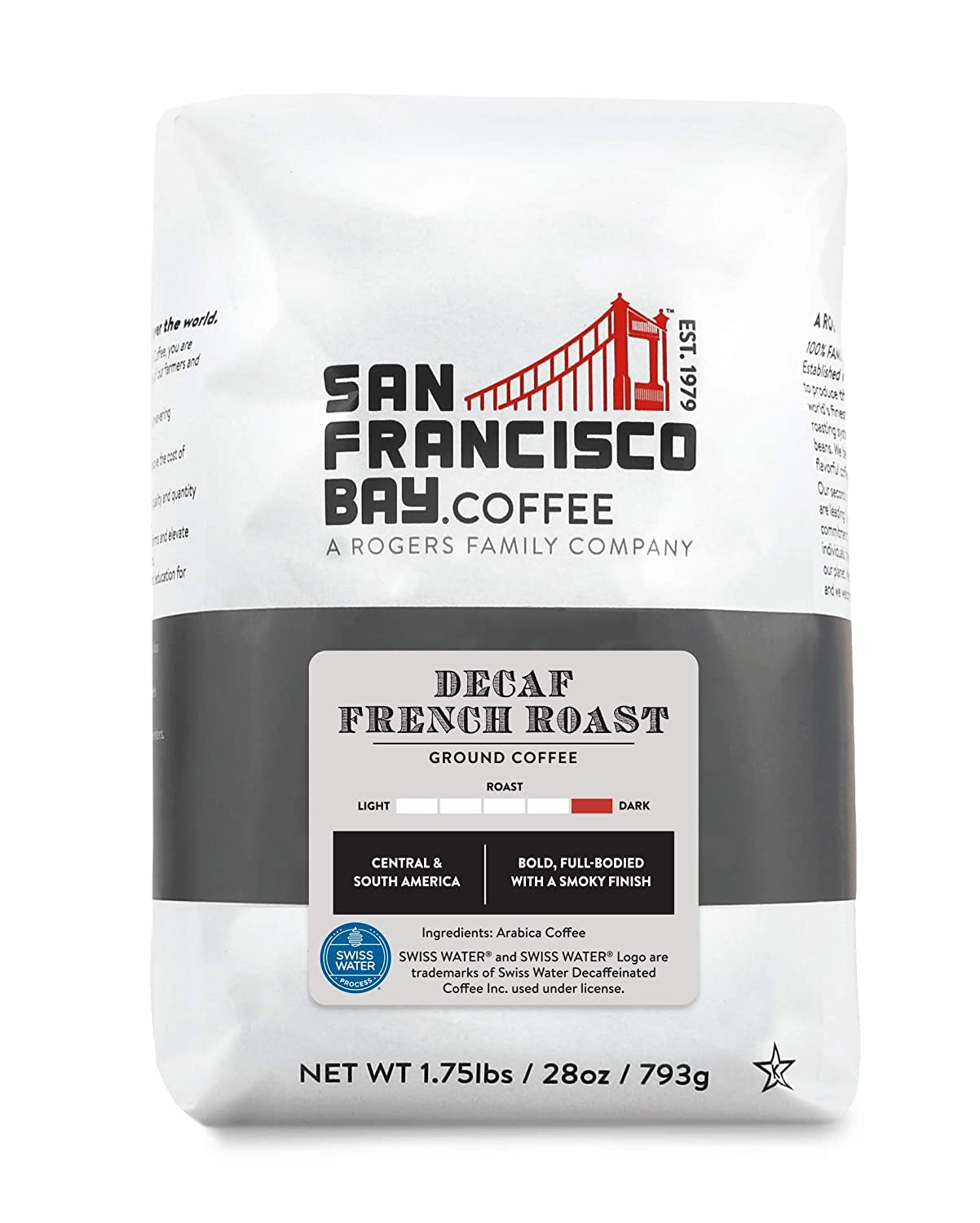 San Francisco Bay Ground Coffee - DECAF French Roast (28Oz Bag), Dark Roast, Swiss Water Processed