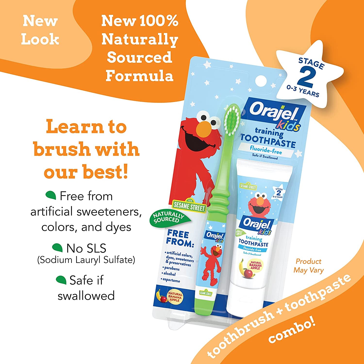 Orajel Elmo Fluoride-Free Tooth & Gum Cleanser with Toothbrush, Combo Pack, Banana Apple Flavored Non-Fluoride, 2 Piece Set