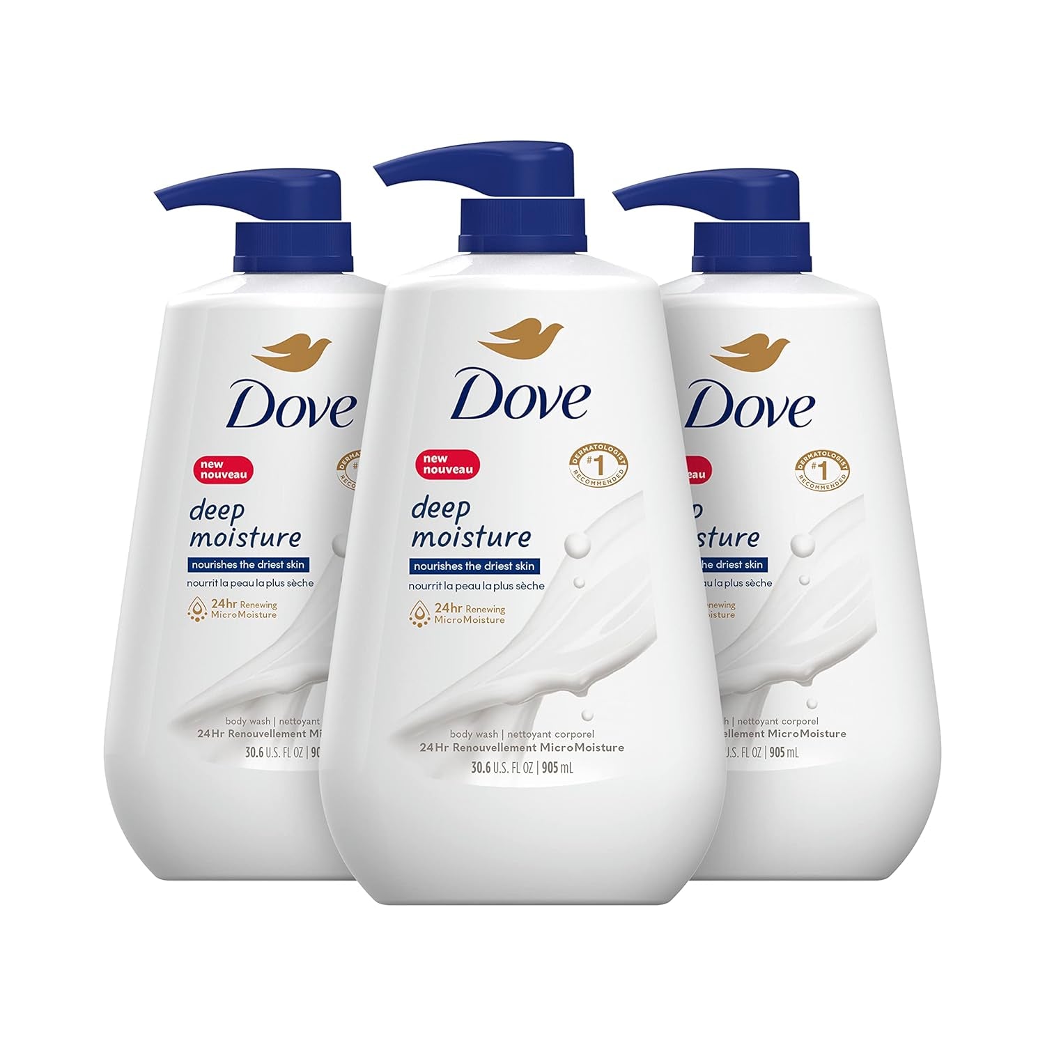 Dove Body Wash with Pump Deep Moisture for Dry Skin Moisturizing Skin Cleanser with 24Hr Renewing Micromoisture Nourishes the Driest Skin, 30.6 Fl Oz (Pack of 3)