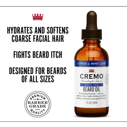 Cremo Beard Oil, Cooling Citrus & Mint Leaf, 1 Fl Oz - Restore Natural Moisture and Soften Your Beard to Help Relieve Beard Itch