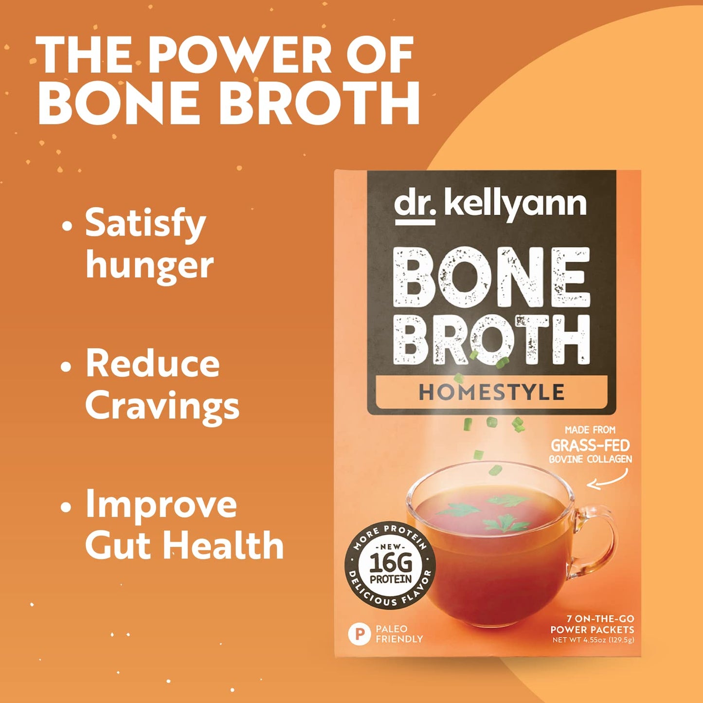 Dr. Kellyann Bone Broth Packets, Original Homestyle Flavor - 7 Servings, Chicken Broth with 100% Grass-Fed Hydrolyzed Collagen Peptides Powder, 16G Protein, Keto and Paleo Diet Friendly