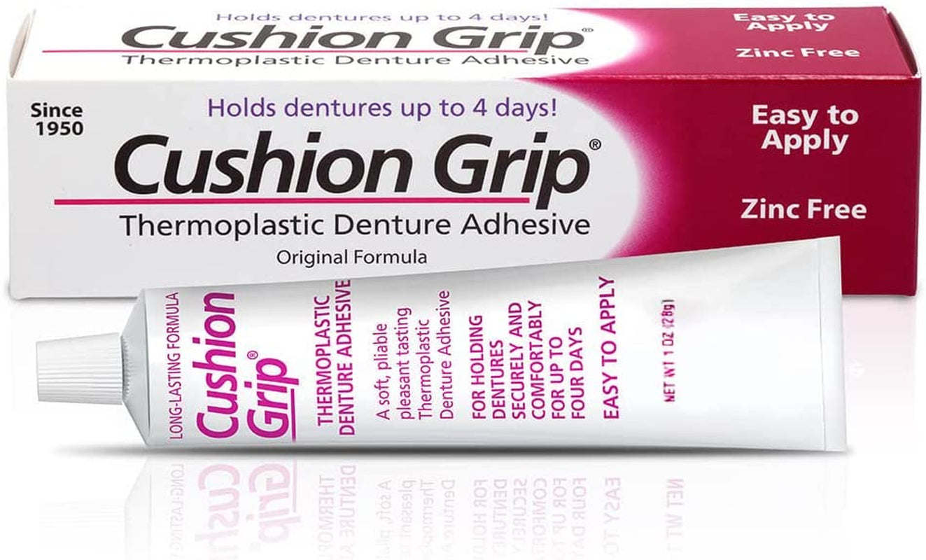 Cushion Grip Thermoplastic Denture Adhesive for Refitting and Tightening Loose Dentures [Not a Glue Adhesive, Acts like a Soft Reliner] (1 Oz) Hold Dentures for up to 4 Days.