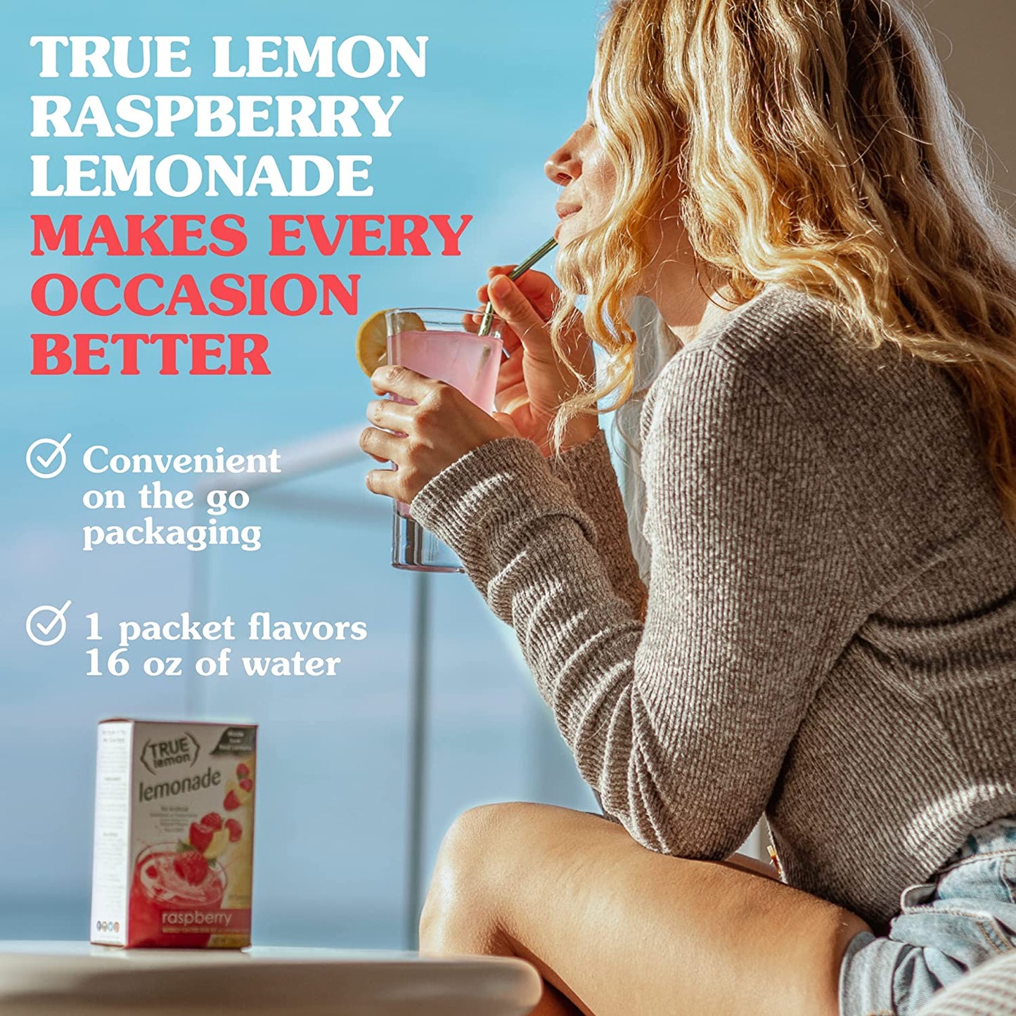 TRUE LEMON Raspberry Lemonade Drink Mix (30 Packets) Made from Real Lemon No Preservatives, No Artificial Sweeteners, Gluten Free Water Flavor Packets & Water Enhancer with Stevia, 3.17 Oz(Pack of 30)