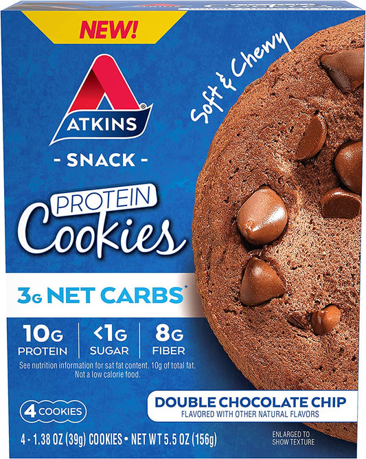 Atkins Double Chocolate Chip Protein Cookie, Protein Dessert, Rich in Fiber, 3G Net Carbs, 1G Sugar, Keto Friendly, 4 Count