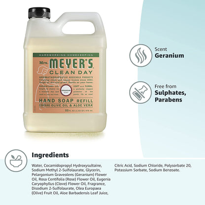 MRS. MEYER'S CLEAN DAY Hand Soap Refill, Made with Essential Oils, Biodegradable Formula, Geranium, 33 Fl. Oz