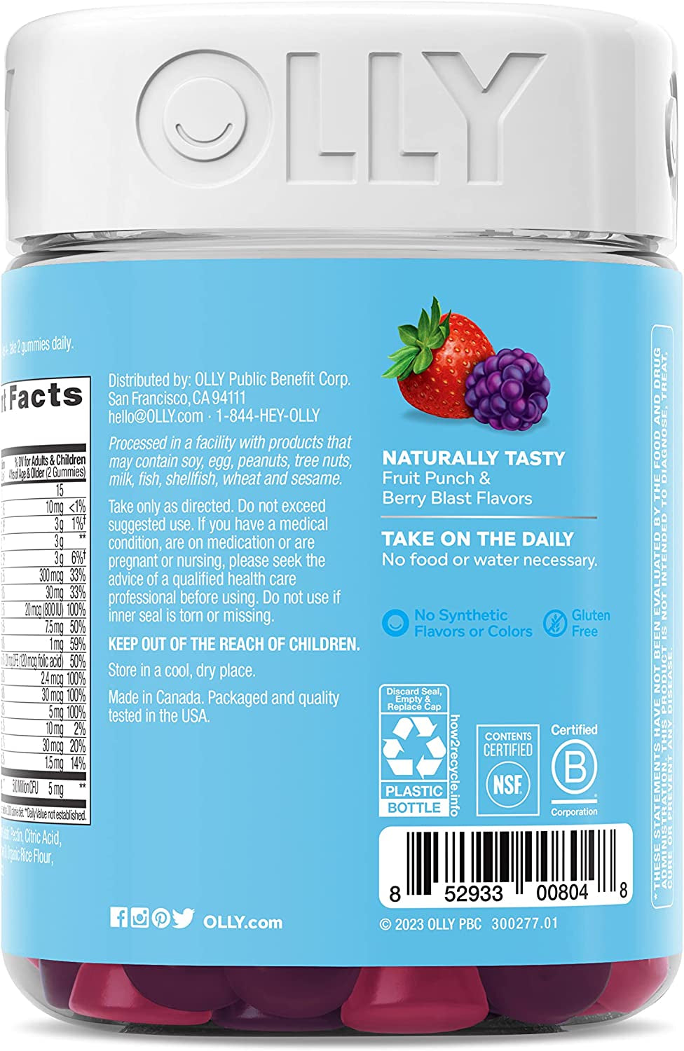 OLLY Kids Multivitamin + Probiotic Gummy, Digestive and Immune Support, Vitamins A, D, C, E, B, Zinc, Kids Chewable Supplement, Berry, 50 Day Supply - 100 Count (Pack of 1)