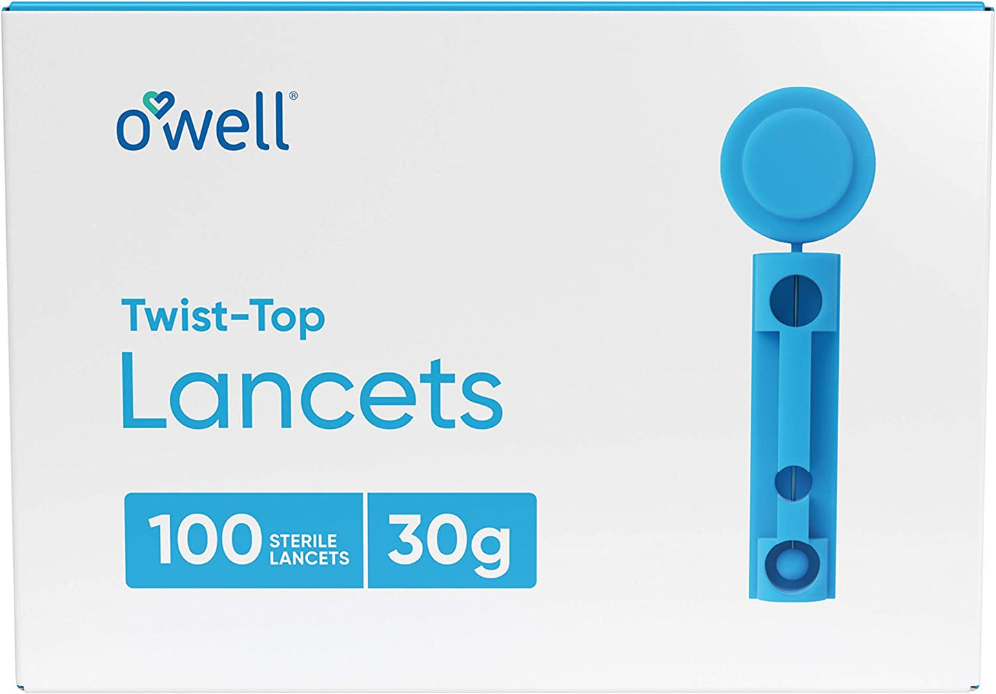 O'WELL Twist Top Lancets 30 Gauge, 100 Count | Thin Needle Lancets for Blood Glucose & Keto Testing | Box of 100 Sterile Lancets