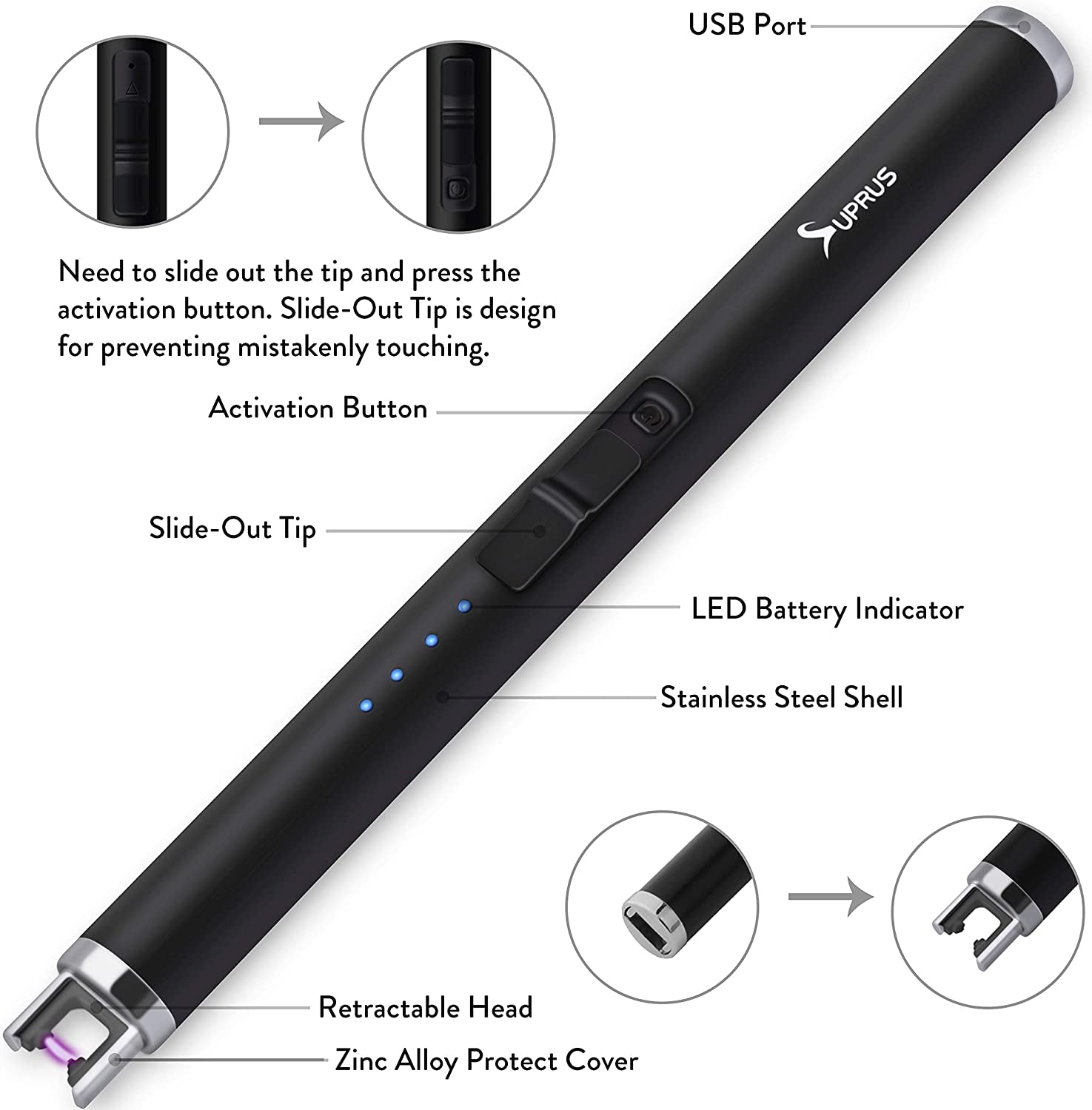 SUPRUS Lighter - Electric Candle USB Type C Rechargeable Lighter with Upgraded LED Battery Display Safety Switch Flameless Plasma Windproof for Cooking Bbqs Fireworks