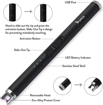 SUPRUS Lighter - Electric Candle USB Type C Rechargeable Lighter with Upgraded LED Battery Display Safety Switch Flameless Plasma Windproof for Cooking Bbqs Fireworks