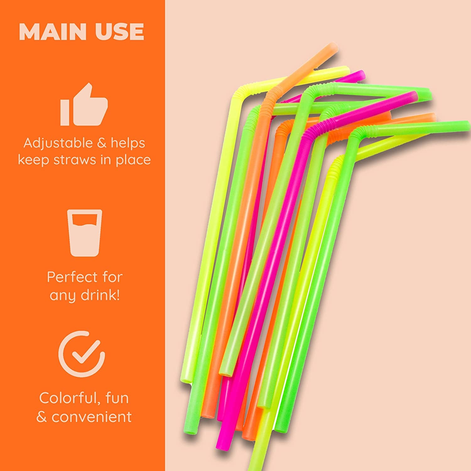 Jacent Flexible Disposable Drinking Straws, Bendable Plastic Neon Straws: 125 Count per Pack, Fun Bendy Kids Straws