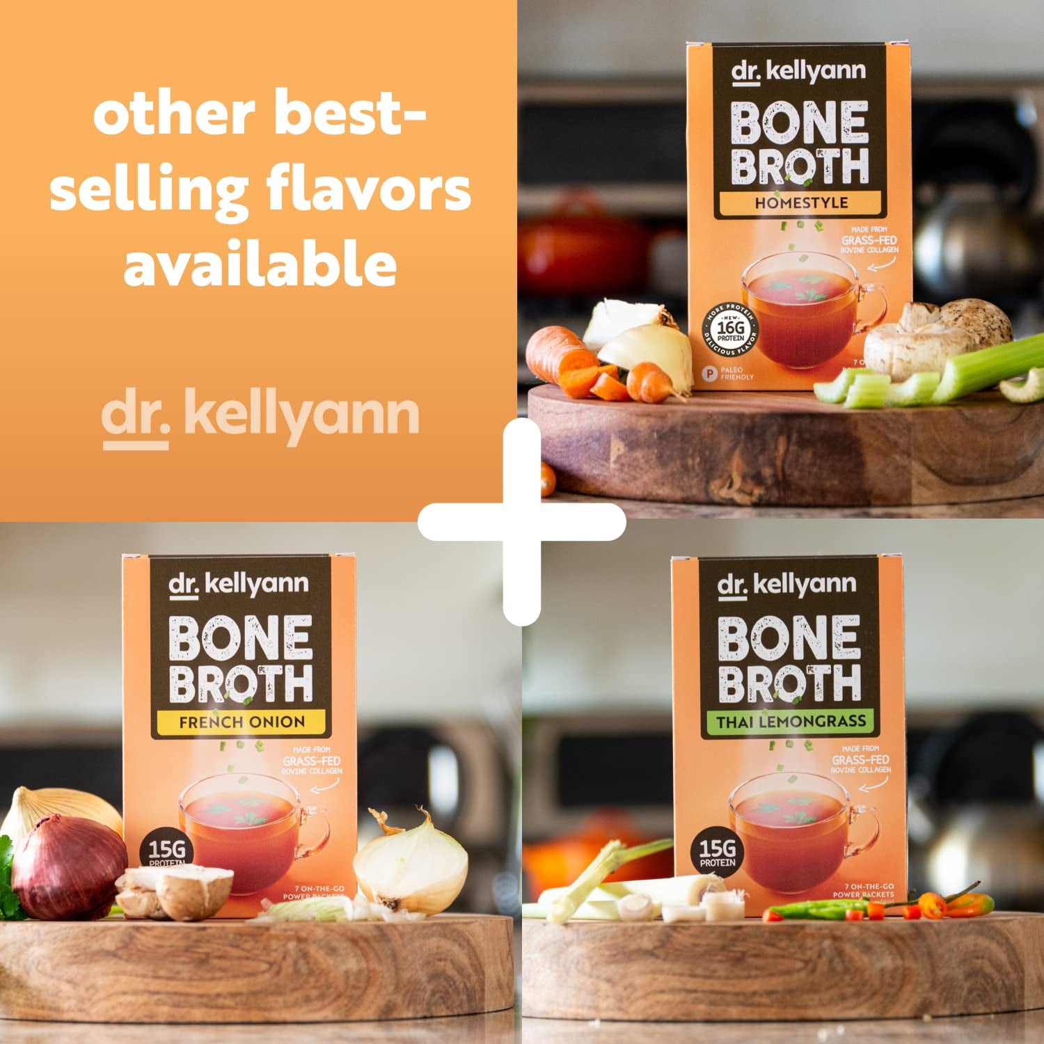 Dr. Kellyann Bone Broth Packets, Original Homestyle Flavor - 7 Servings, Chicken Broth with 100% Grass-Fed Hydrolyzed Collagen Peptides Powder, 16G Protein, Keto and Paleo Diet Friendly