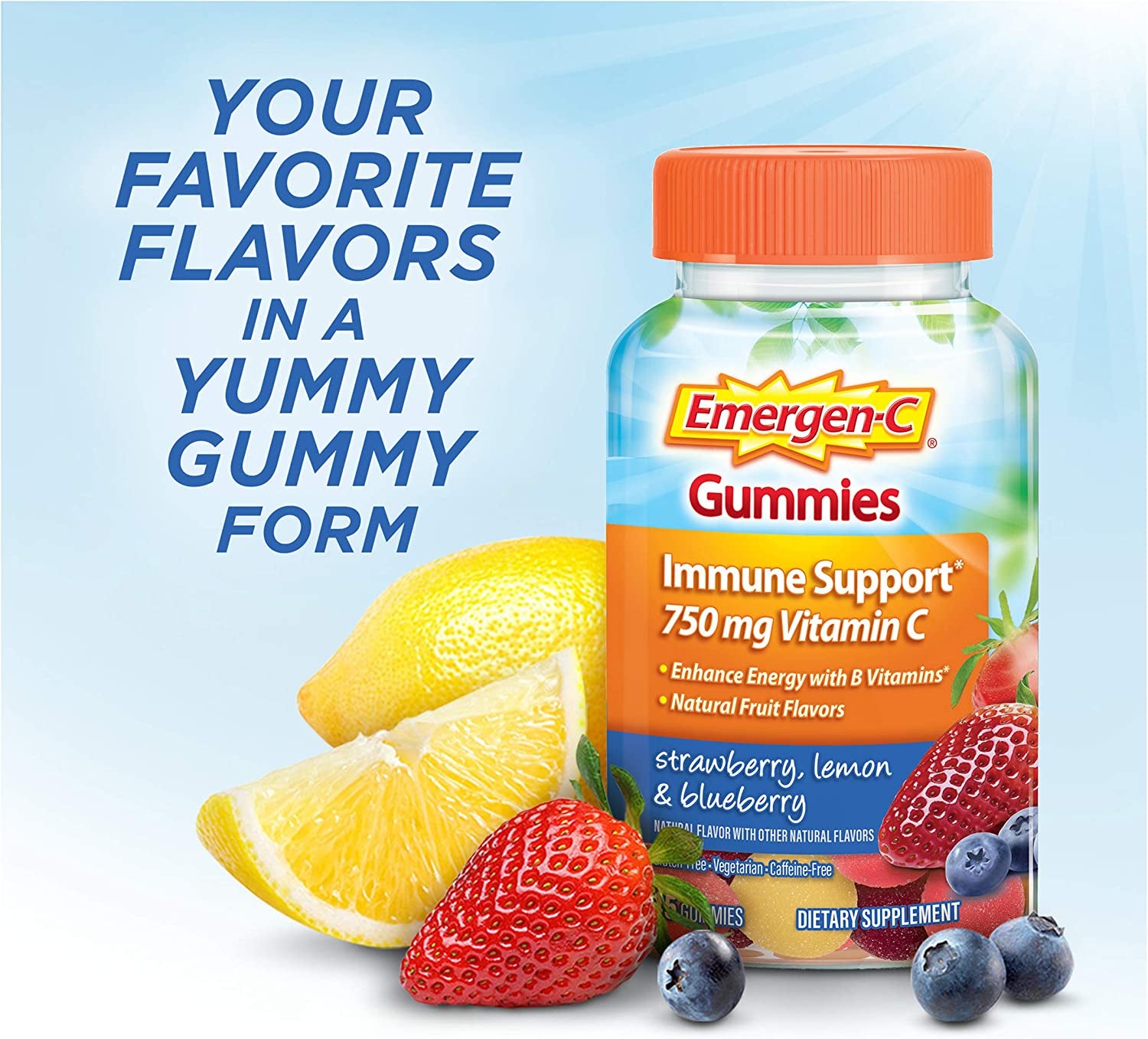 Emergen-C 750Mg Vitamin C Gummies for Adults, Immune Support Gummies, Gluten Free, Strawberry, Lemon and Blueberry Flavors - 45 Count