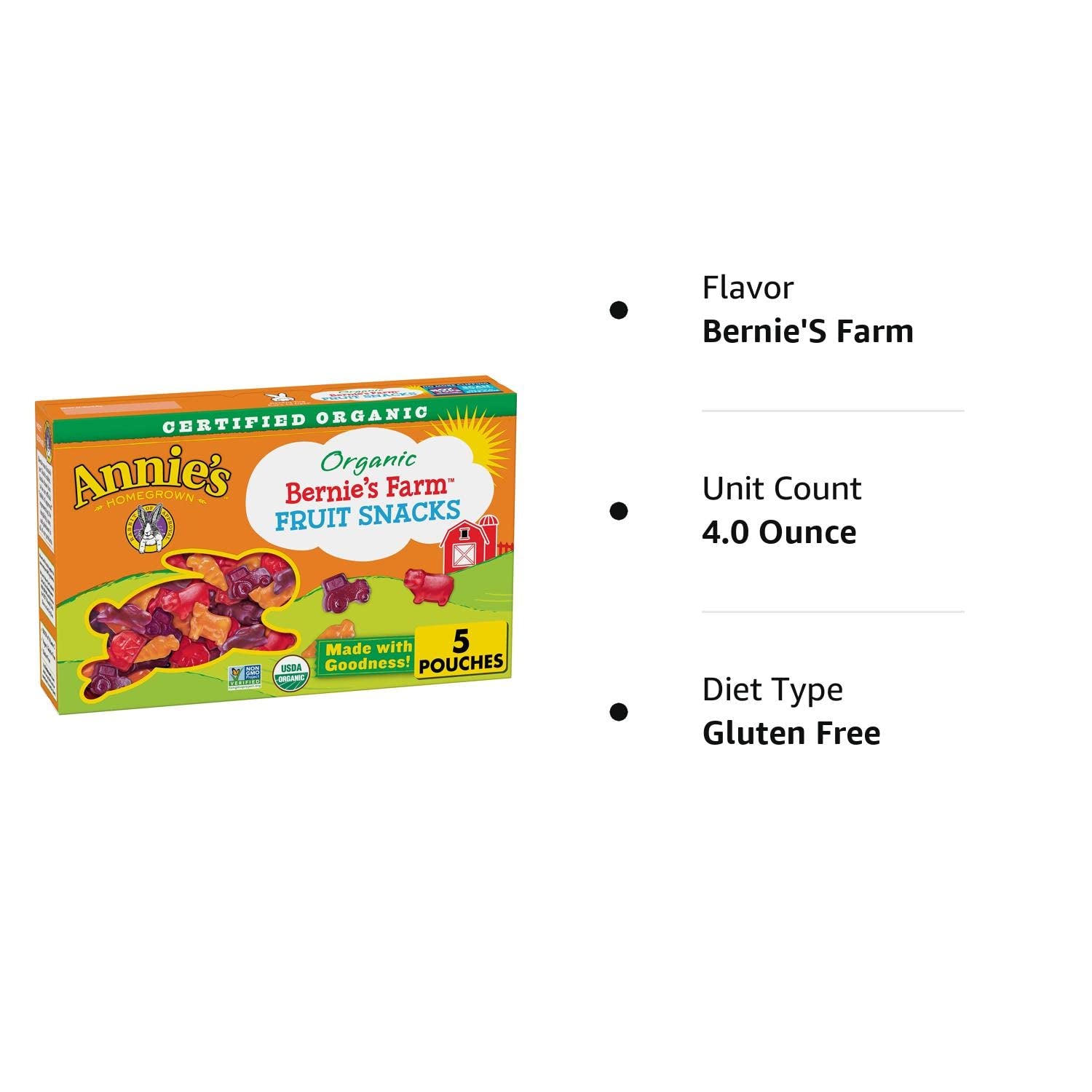 Annie'S Gluten Free Organic Bernie'S Farm Fruit Snacks, 4 Oz, 5 Ct