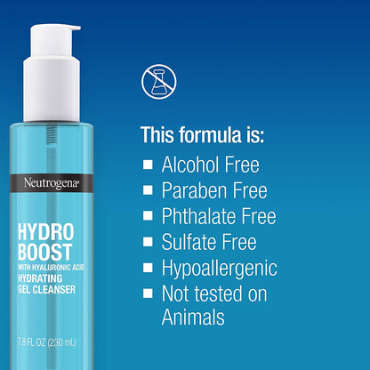 Neutrogena Hydro Boost Lightweight Hydrating Facial Gel Cleanser, Gentle Face Wash & Makeup Remover with Hyaluronic Acid, Hypoallergenic & Paraben-Free, 7.8 Fl. Oz