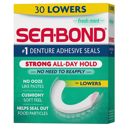 Sea Bond Secure Denture Adhesive Seals, Fresh Mint Lowers, Zinc-Free, All-Day-Hold, Mess-Free, 30 Count (Pack of 1)