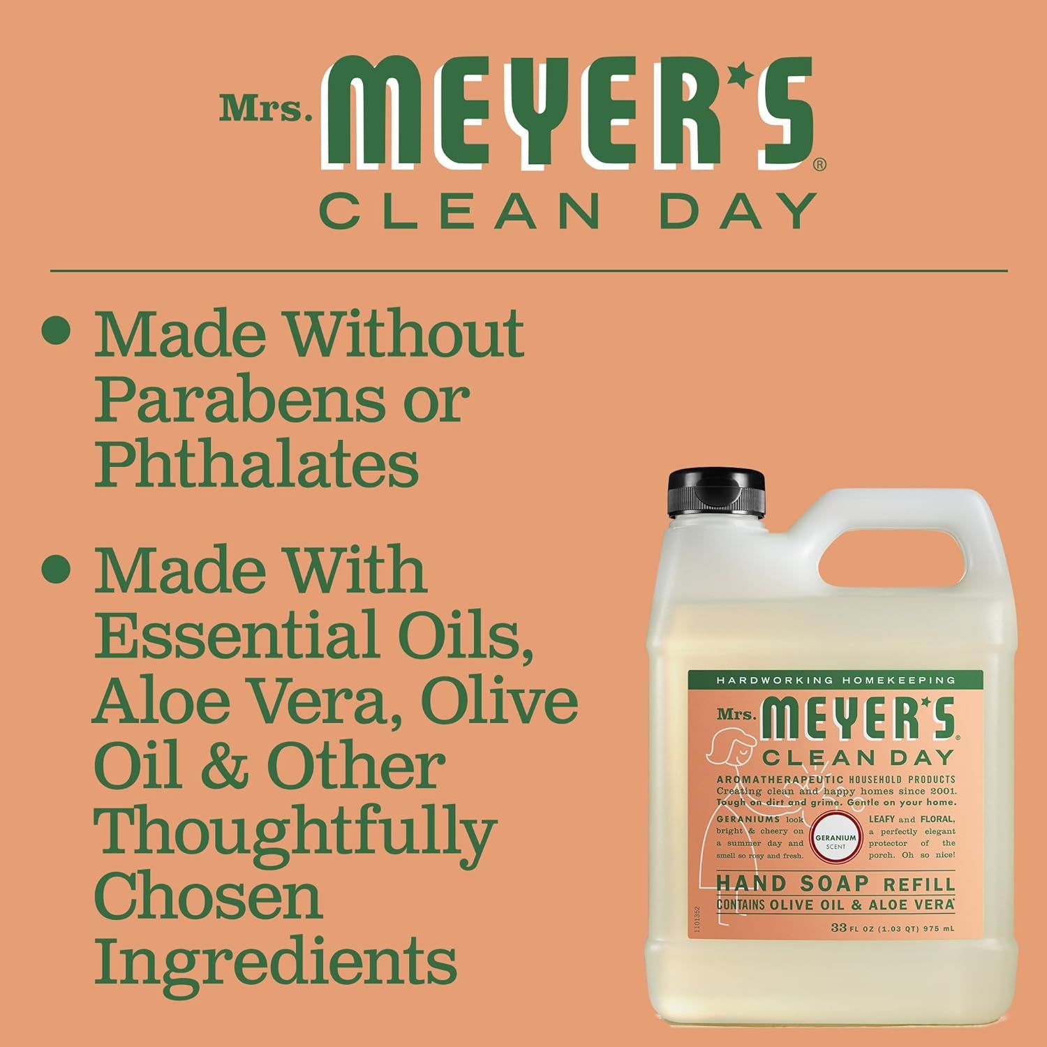 MRS. MEYER'S CLEAN DAY Hand Soap Refill, Made with Essential Oils, Biodegradable Formula, Geranium, 33 Fl. Oz