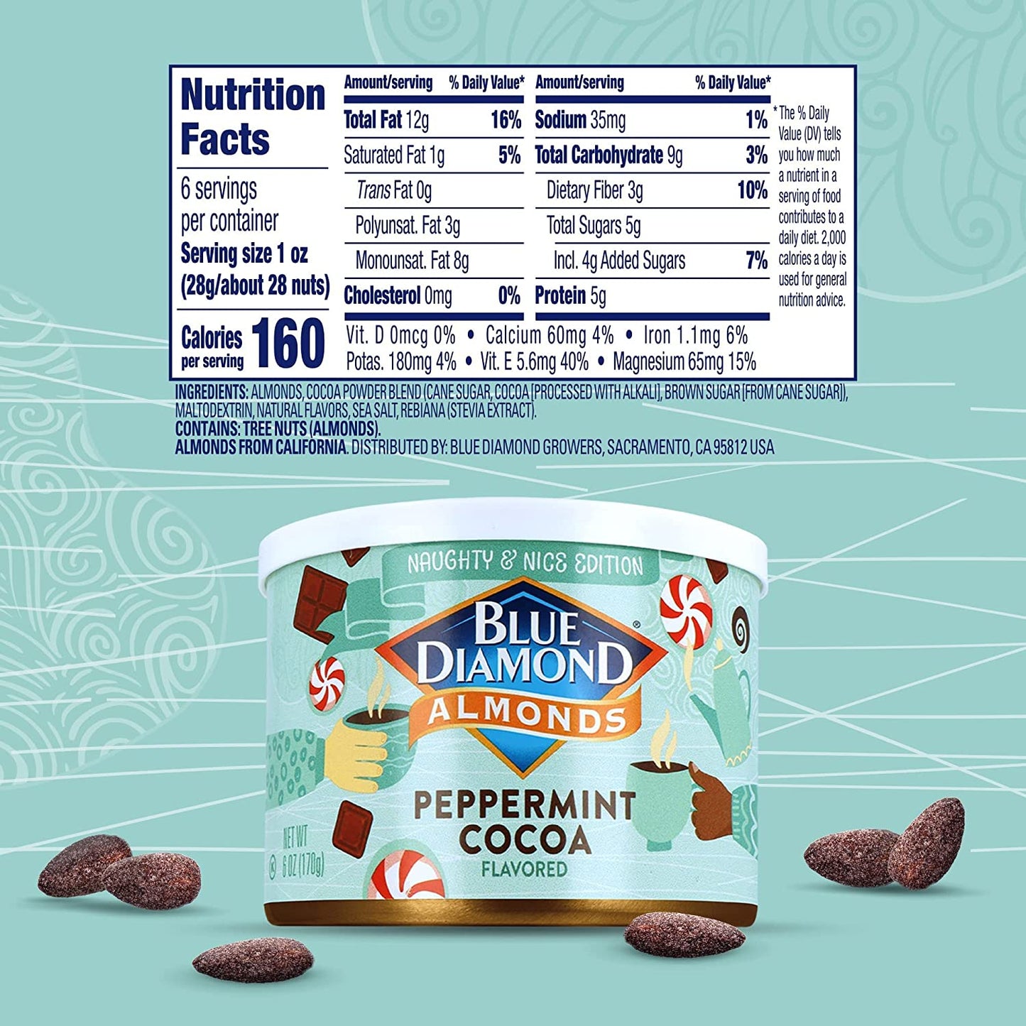 Blue Diamond Almonds, Peppermint Cocoa Holiday Snack Nuts, 6 Oz(Pack of 1),Resealable Can